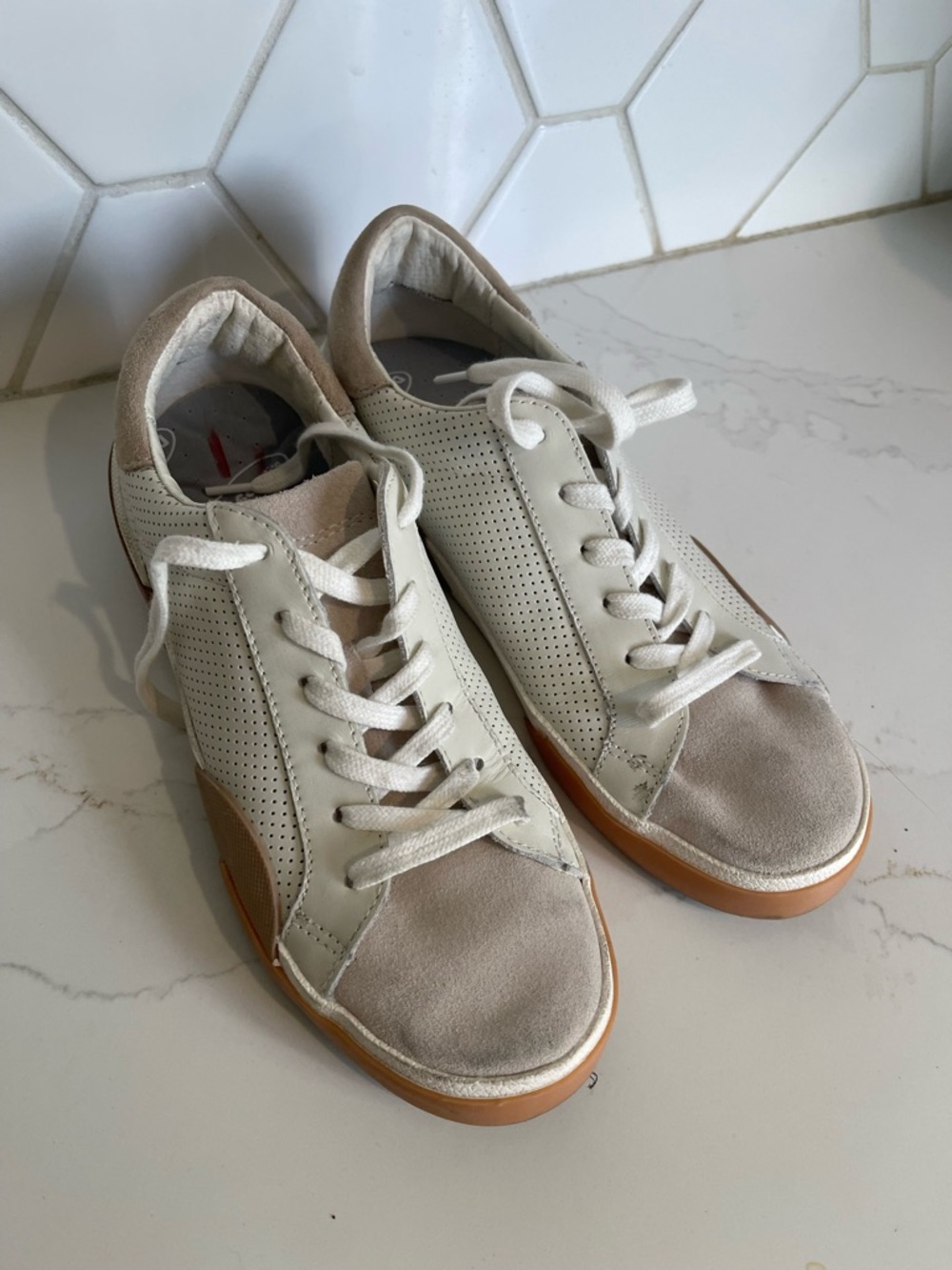 Dolce Vita Cream White Suede & Leather Sneakers with Tan Gum Sole